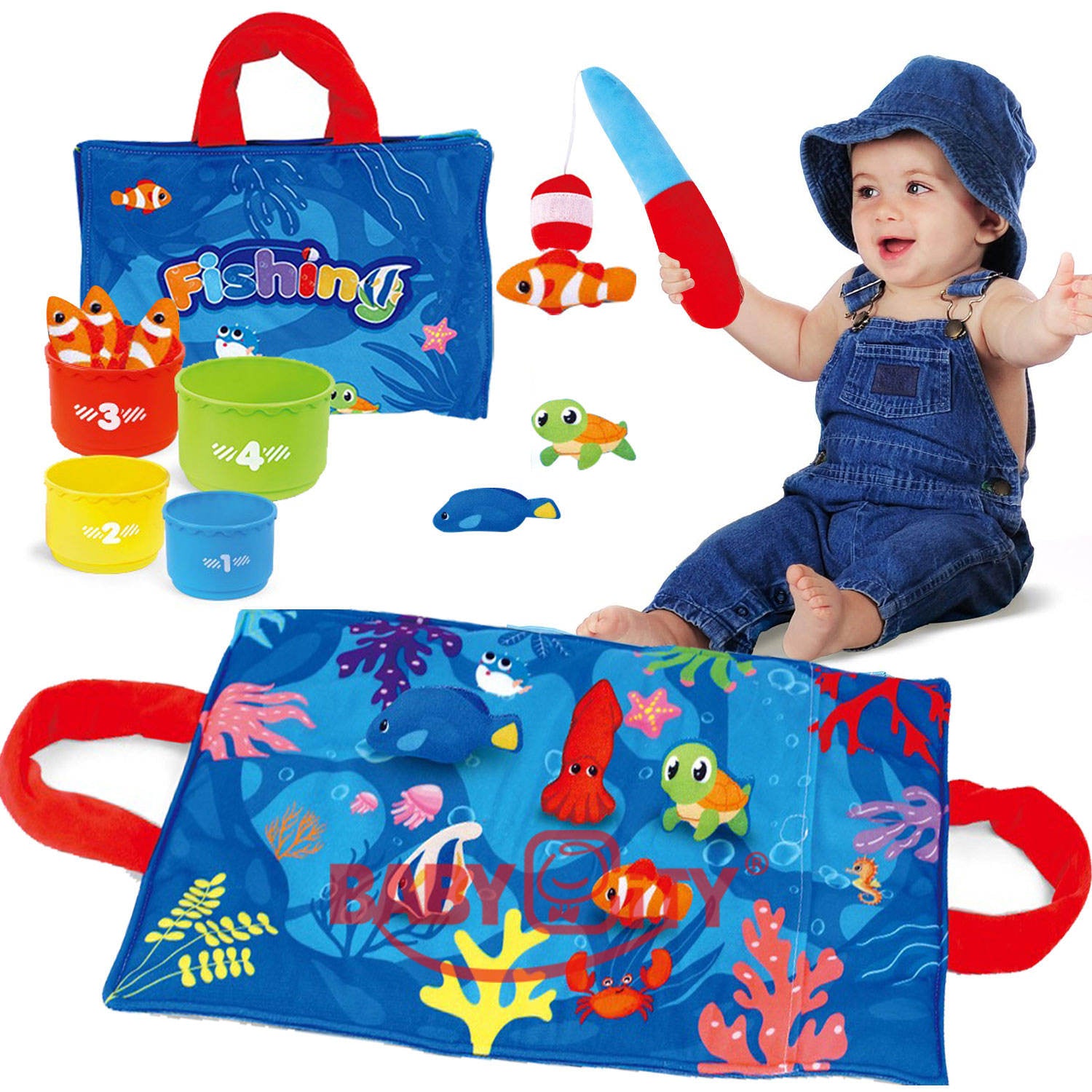 WYL Kids Other Pretend Play Toy Toddler Montessori Plush Fish Toys Soft Cloth Fishing Game Stacking Cups and Color Sorting Game