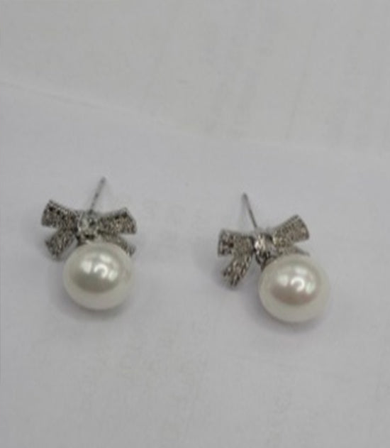 18kt Whit Pl Bow Stone Pearl Drop Earring