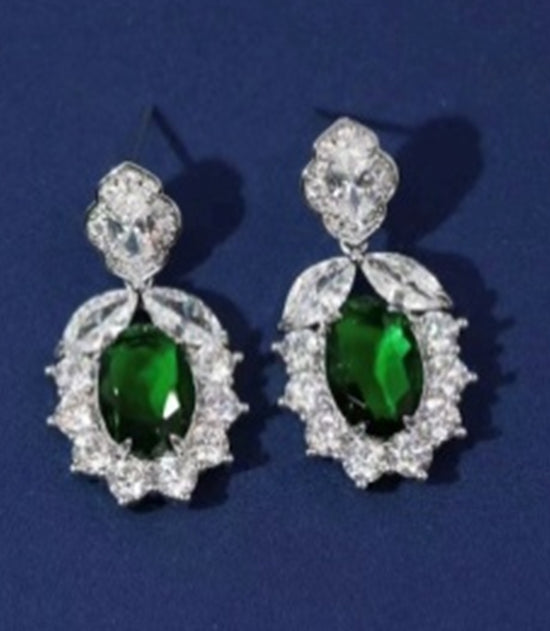 Emerald Multi Cubic Stones Oval Shape Drop Earrings