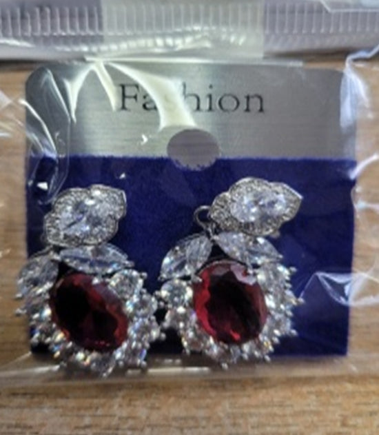 Red Multi Cubic Stones Oval Shape Drop Earrings